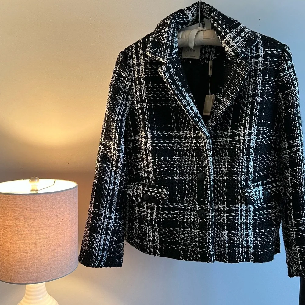ELIE TAHARI Black and White Plaid Tweed Blazer Jacket - Picture 2 of 10